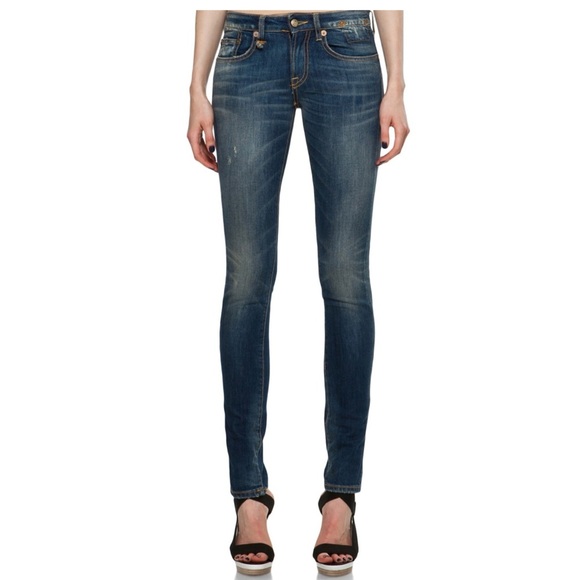 R13 Boy Skinny Jeans in Medium Blue Wash with Distressed Details - Picture 1 of 12